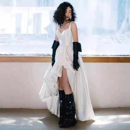 Wide Strap Sweetheart-Neckline High Low Short Wedding Gown