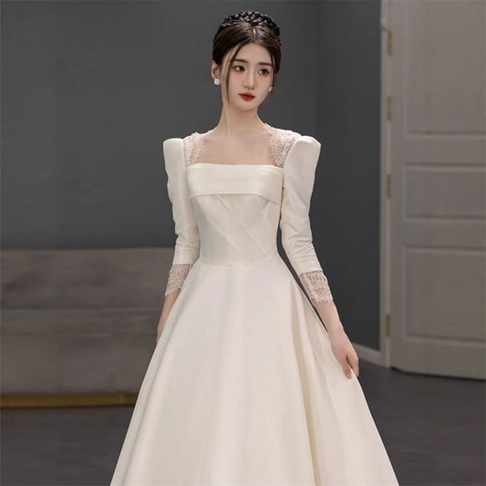 3/4-Sleeve Square-Neck Lace Trim A-Line Wedding Gown