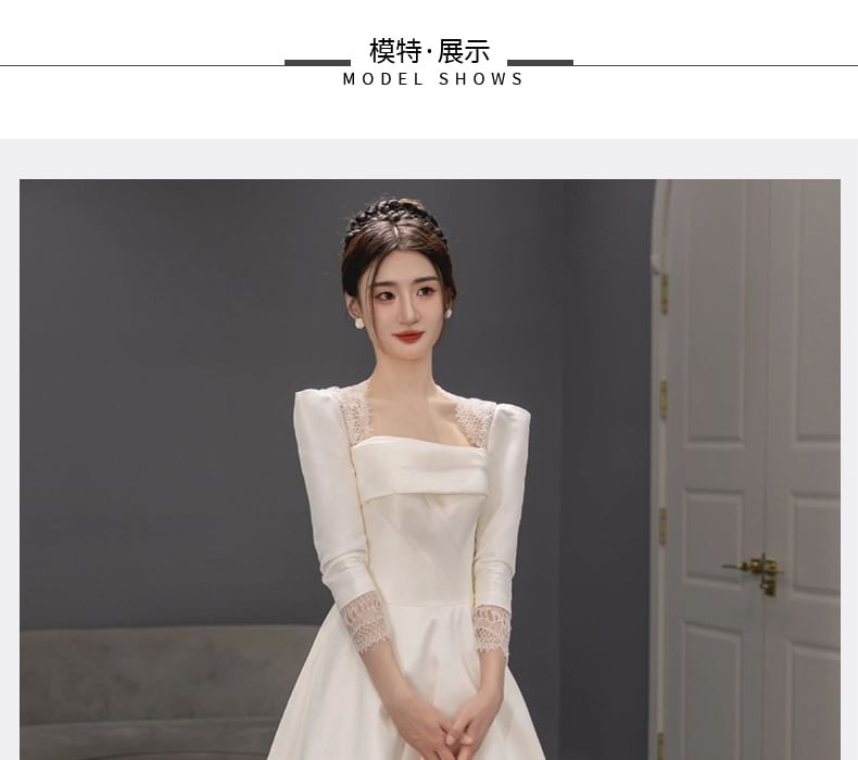 3/4-Sleeve Square-Neck Lace Trim A-Line Wedding Gown