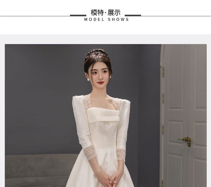 3/4-Sleeve Square-Neck Lace Trim A-Line Wedding Gown