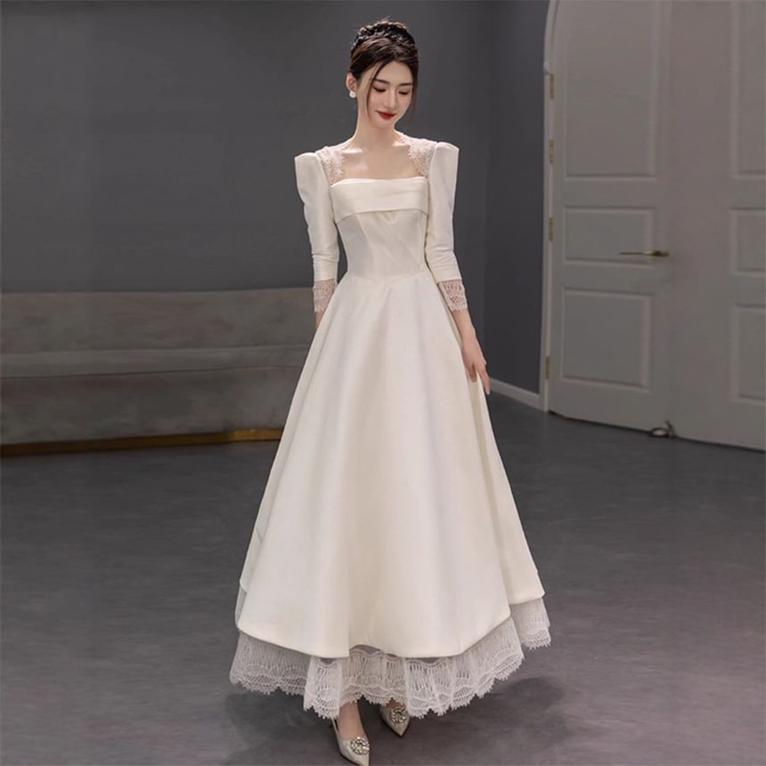 3/4-Sleeve Square-Neck Lace Trim A-Line Wedding Gown