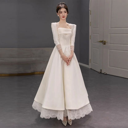 3/4-Sleeve Square-Neck Lace Trim A-Line Wedding Gown