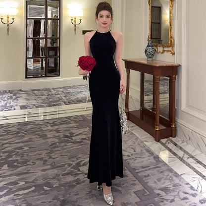 Halter-Neck Faux Pearl Trim Velvet Mermaid Evening Gown