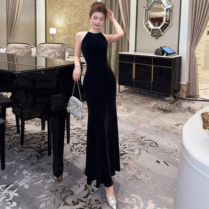Halter-Neck Faux Pearl Trim Velvet Mermaid Evening Gown