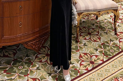 Halter-Neck Faux Pearl Trim Velvet Mermaid Evening Gown