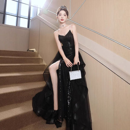 Spaghetti Strap Sequined Ruffled Slit A-Line Mesh Evening Gown