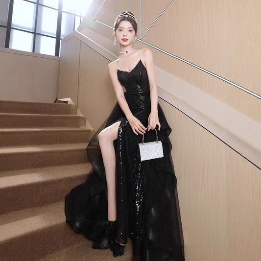 Spaghetti Strap Sequined Ruffled Slit A-Line Mesh Evening Gown
