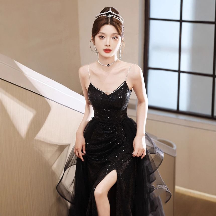 Spaghetti Strap Sequined Ruffled Slit A-Line Mesh Evening Gown