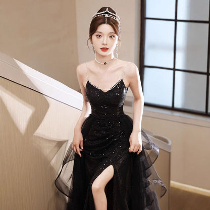 Spaghetti Strap Sequined Ruffled Slit A-Line Mesh Evening Gown