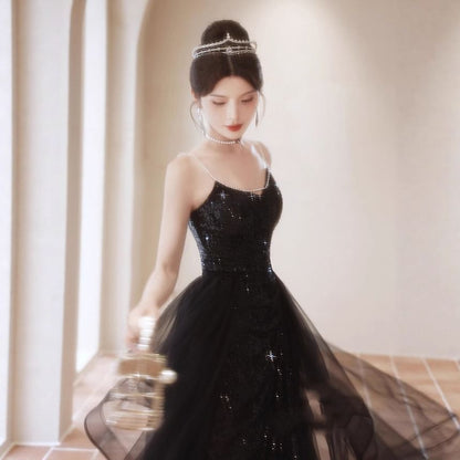 Spaghetti Strap Sequined Ruffled Slit A-Line Mesh Evening Gown