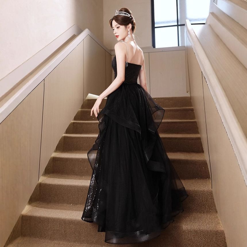 Spaghetti Strap Sequined Ruffled Slit A-Line Mesh Evening Gown