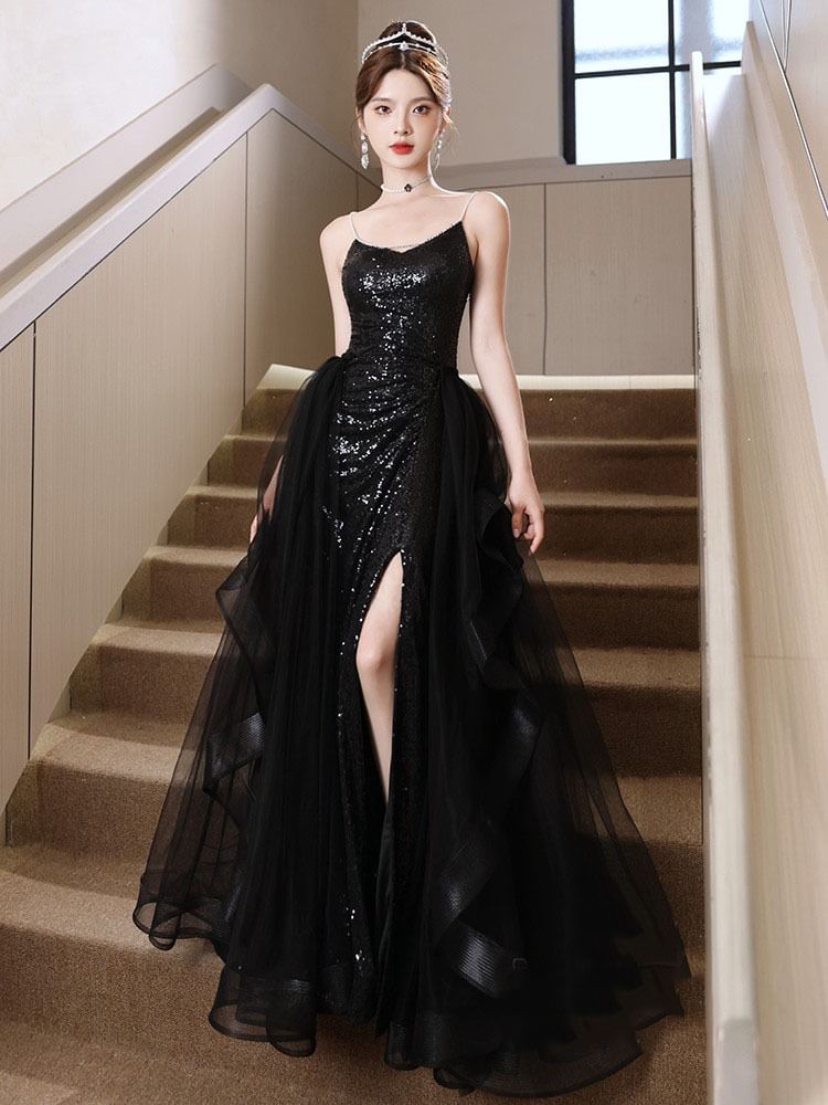Spaghetti Strap Sequined Ruffled Slit A-Line Mesh Evening Gown