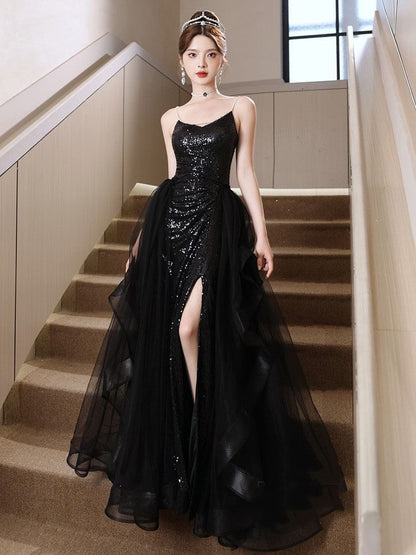 Spaghetti Strap Sequined Ruffled Slit A-Line Mesh Evening Gown