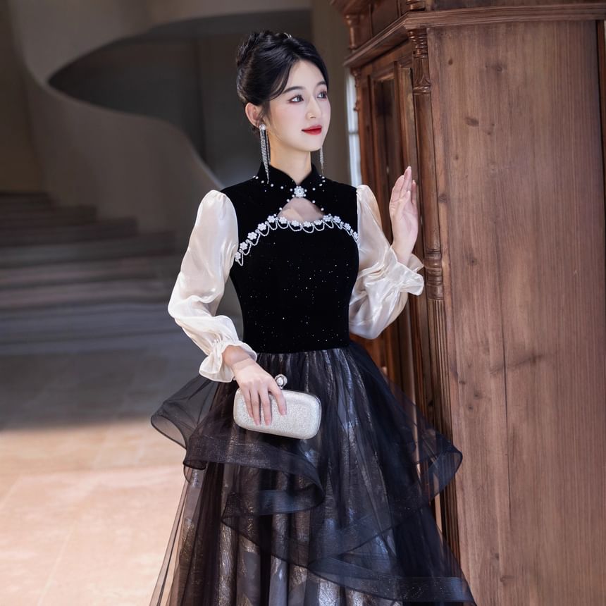 Puff-Sleeve Two-Tone Stand Collar A-Line Mesh Overlay Evening Gown