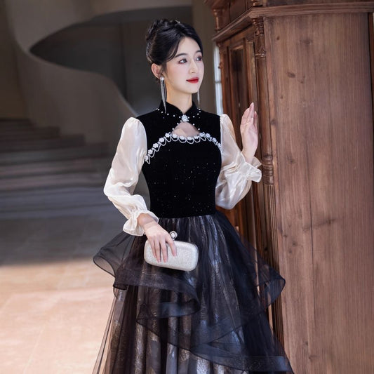 Puff-Sleeve Two-Tone Stand Collar A-Line Mesh Overlay Evening Gown