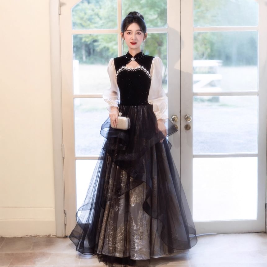 Puff-Sleeve Two-Tone Stand Collar A-Line Mesh Overlay Evening Gown