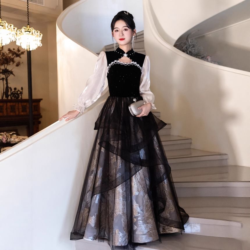 Puff-Sleeve Two-Tone Stand Collar A-Line Mesh Overlay Evening Gown