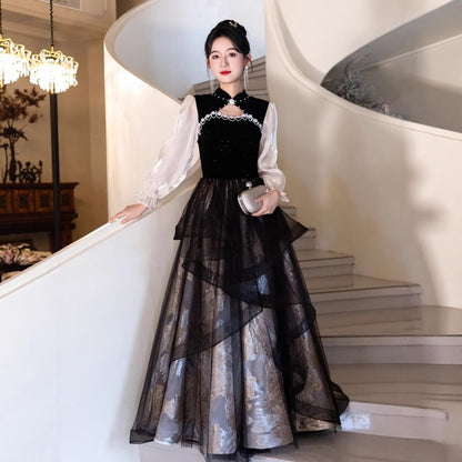 Puff-Sleeve Two-Tone Stand Collar A-Line Mesh Overlay Evening Gown