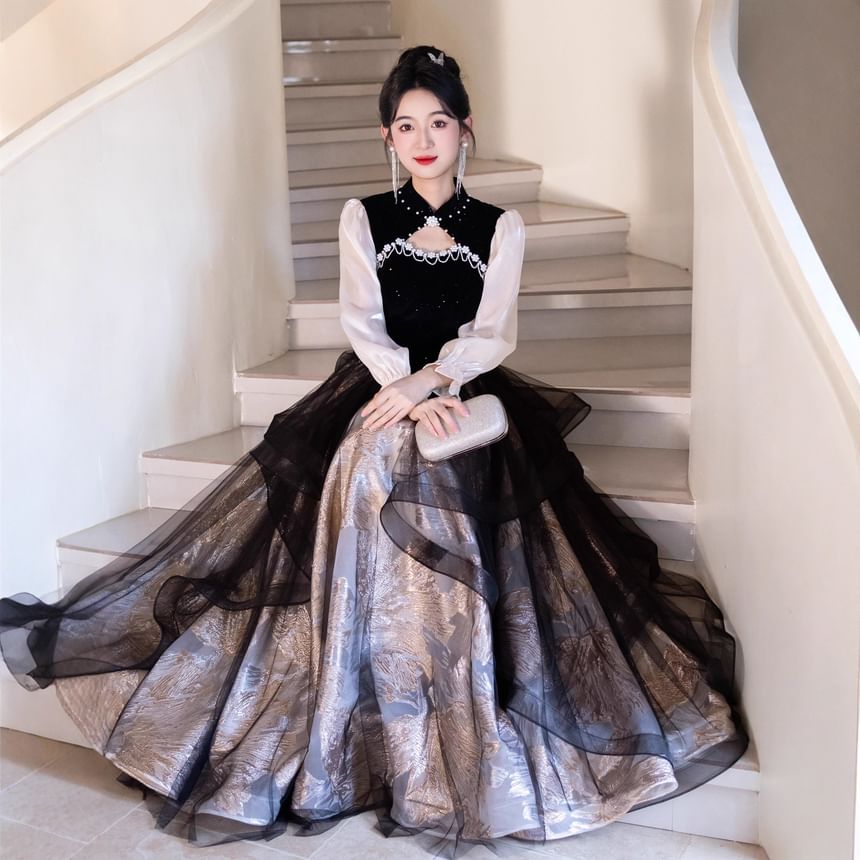 Puff-Sleeve Two-Tone Stand Collar A-Line Mesh Overlay Evening Gown