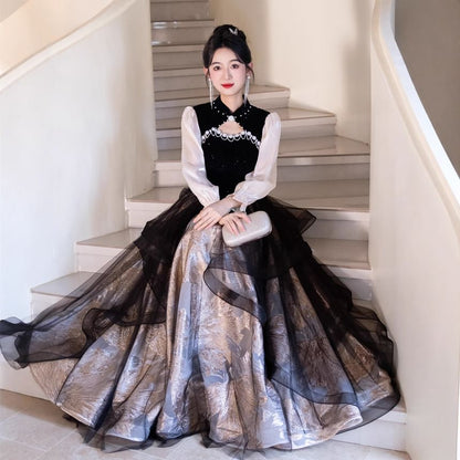 Puff-Sleeve Two-Tone Stand Collar A-Line Mesh Overlay Evening Gown