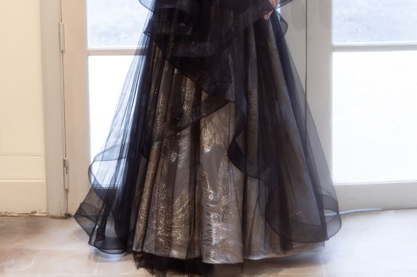 Puff-Sleeve Two-Tone Stand Collar A-Line Mesh Overlay Evening Gown