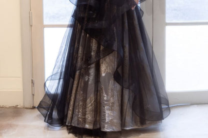 Puff-Sleeve Two-Tone Stand Collar A-Line Mesh Overlay Evening Gown