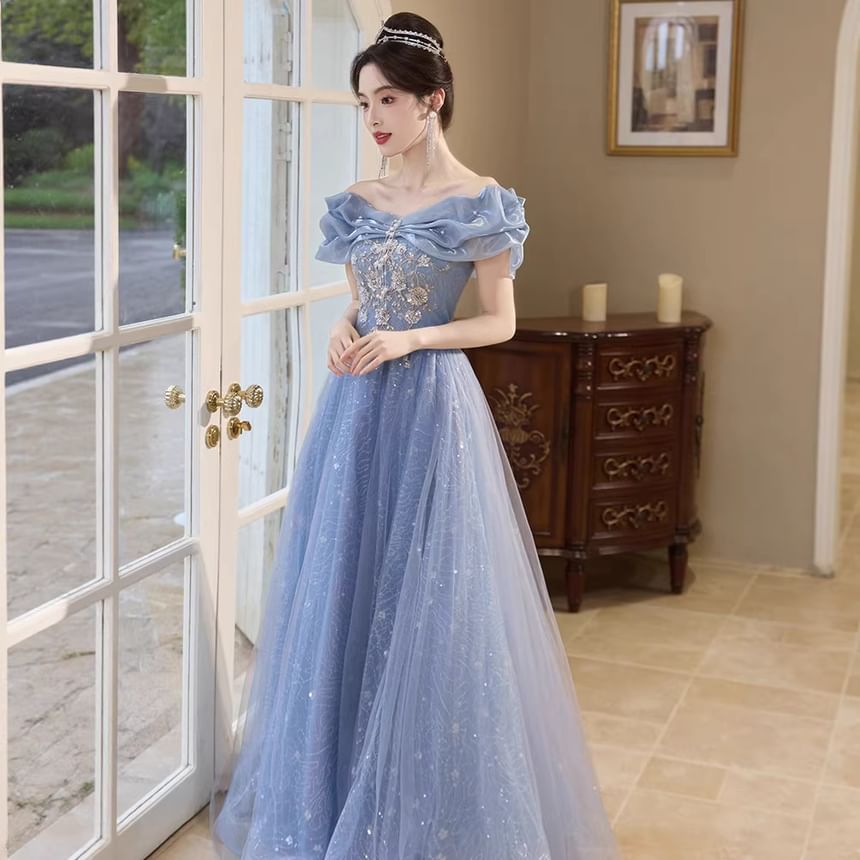 Off-Shoulder Sequined Bow Mesh Overlay A-Line Evening Gown