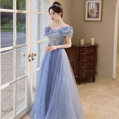 Off-Shoulder Sequined Bow Mesh Overlay A-Line Evening Gown