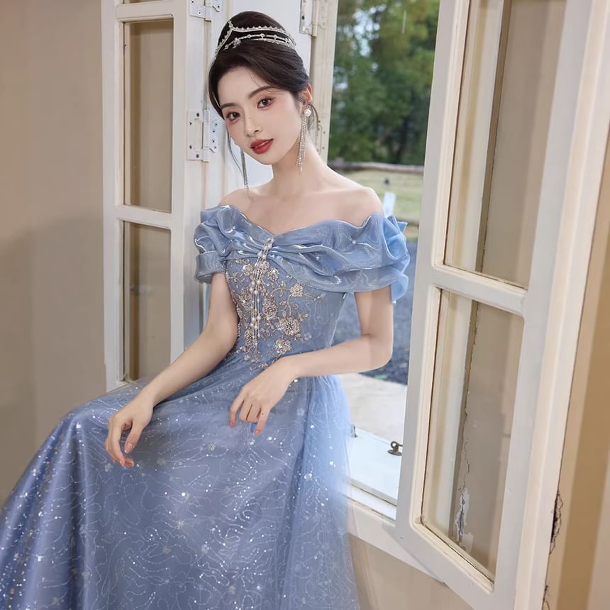 Off-Shoulder Sequined Bow Mesh Overlay A-Line Evening Gown