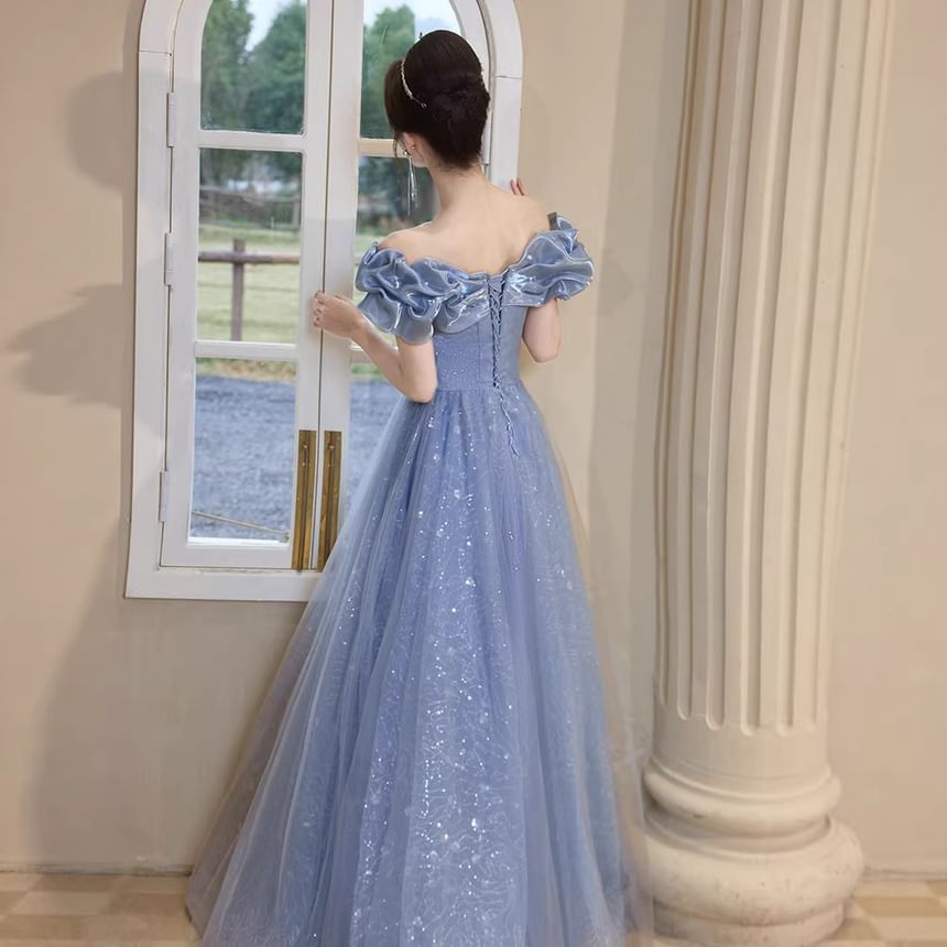 Off-Shoulder Sequined Bow Mesh Overlay A-Line Evening Gown