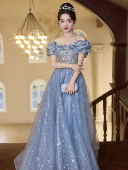Off-Shoulder Sequined Bow Mesh Overlay A-Line Evening Gown