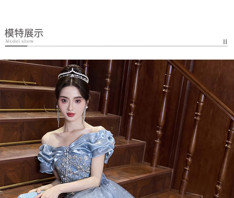 Off-Shoulder Sequined Bow Mesh Overlay A-Line Evening Gown