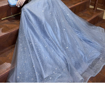 Off-Shoulder Sequined Bow Mesh Overlay A-Line Evening Gown