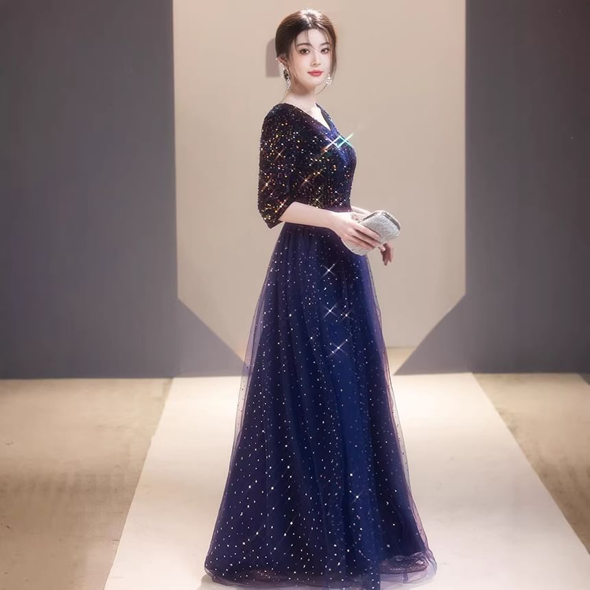 3/4-Sleeve V-Neck Sequined A-Line Mesh Overlay Evening Gown