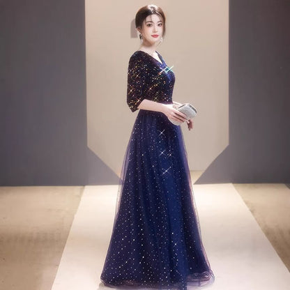 3/4-Sleeve V-Neck Sequined A-Line Mesh Overlay Evening Gown