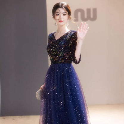 3/4-Sleeve V-Neck Sequined A-Line Mesh Overlay Evening Gown