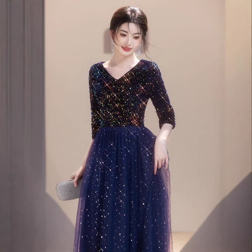 3/4-Sleeve V-Neck Sequined A-Line Mesh Overlay Evening Gown