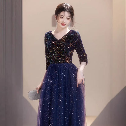 3/4-Sleeve V-Neck Sequined A-Line Mesh Overlay Evening Gown