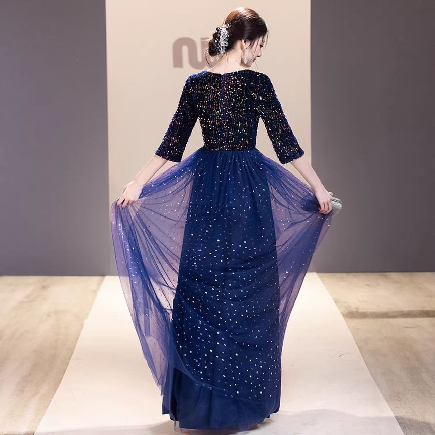 3/4-Sleeve V-Neck Sequined A-Line Mesh Overlay Evening Gown