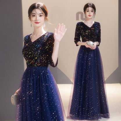 3/4-Sleeve V-Neck Sequined A-Line Mesh Overlay Evening Gown