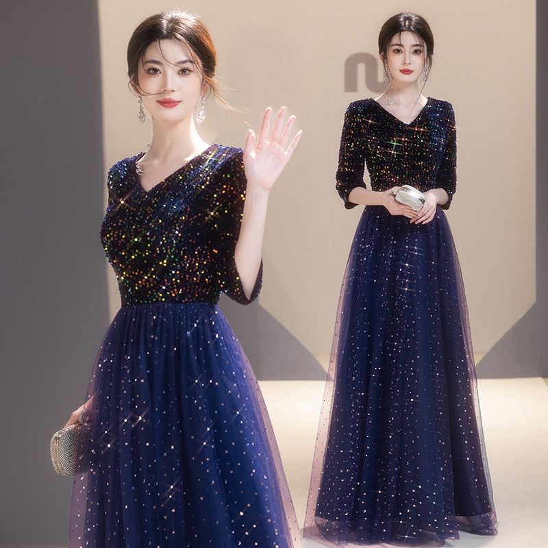 3/4-Sleeve V-Neck Sequined A-Line Mesh Overlay Evening Gown