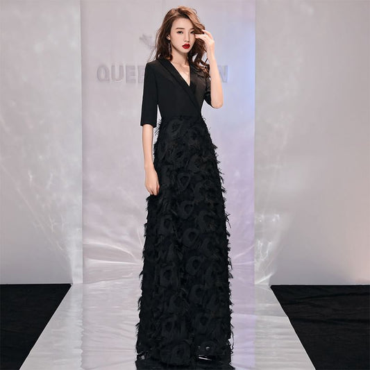 Elbow-Sleeve V-Neck Plain Wrap Floral A-Line Evening Gown