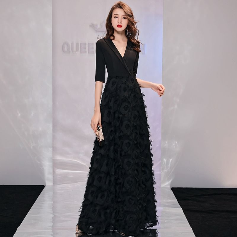 Elbow-Sleeve V-Neck Plain Wrap Floral A-Line Evening Gown
