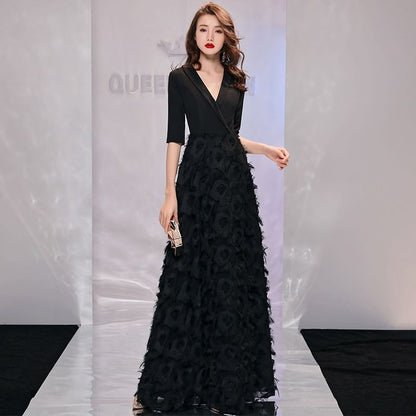 Elbow-Sleeve V-Neck Plain Wrap Floral A-Line Evening Gown