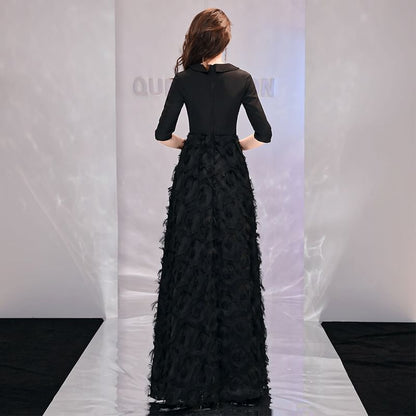 Elbow-Sleeve V-Neck Plain Wrap Floral A-Line Evening Gown