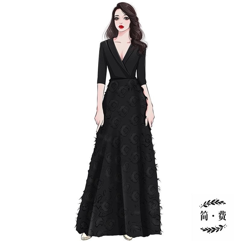 Elbow-Sleeve V-Neck Plain Wrap Floral A-Line Evening Gown