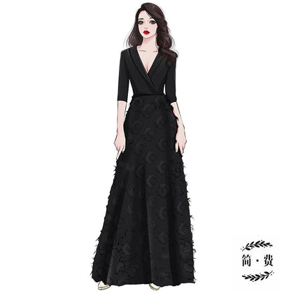 Elbow-Sleeve V-Neck Plain Wrap Floral A-Line Evening Gown