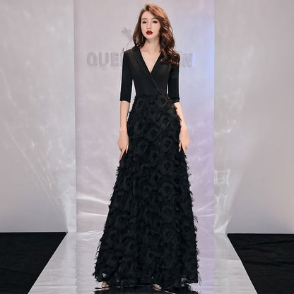 Elbow-Sleeve V-Neck Plain Wrap Floral A-Line Evening Gown