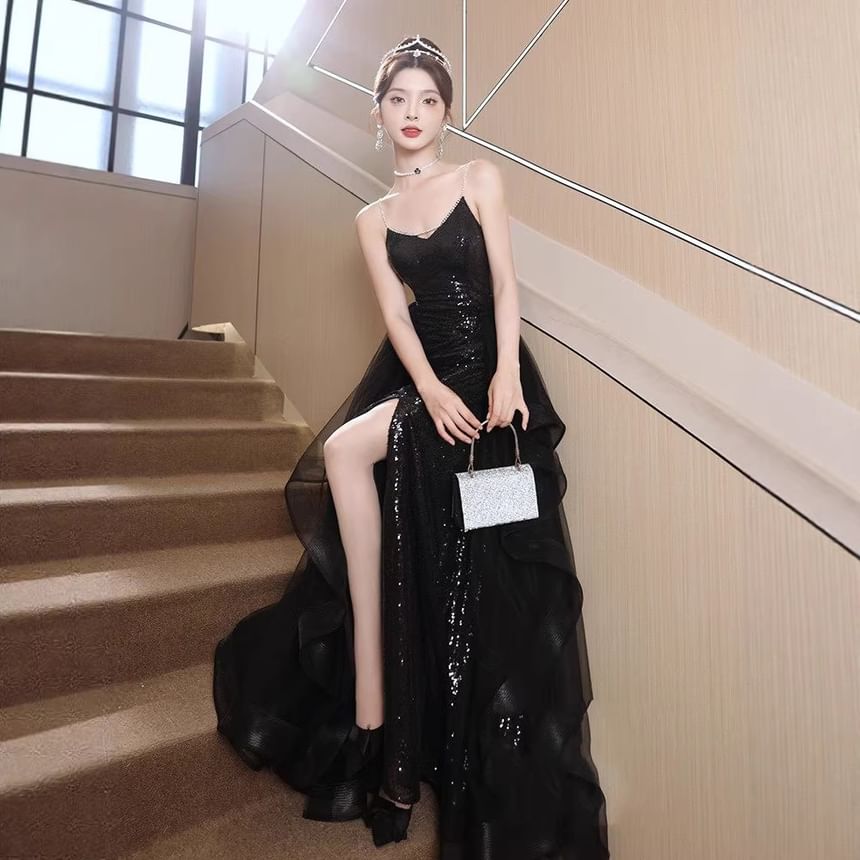 Spaghetti Strap Sequined Slit Mesh Ruffle A-Line Evening Gown