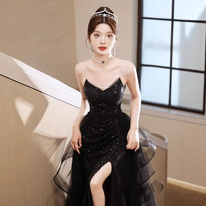 Spaghetti Strap Sequined Slit Mesh Ruffle A-Line Evening Gown